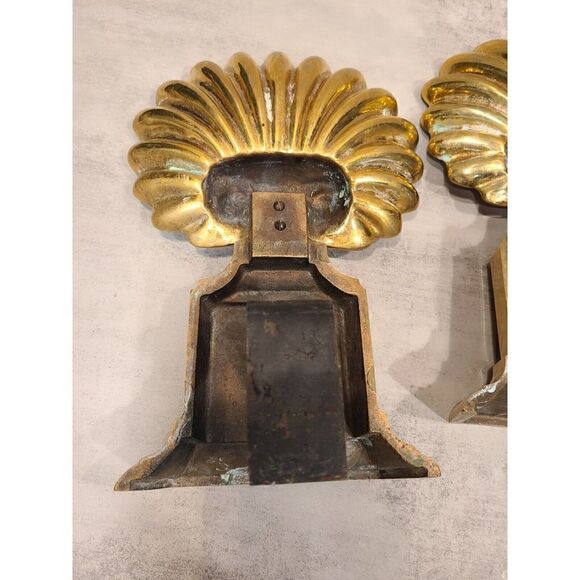 Vintage 12" Brass Art Deco Hollywood Regency Andirons Shell Motif Fireplace EUC - Picture 5 of 10